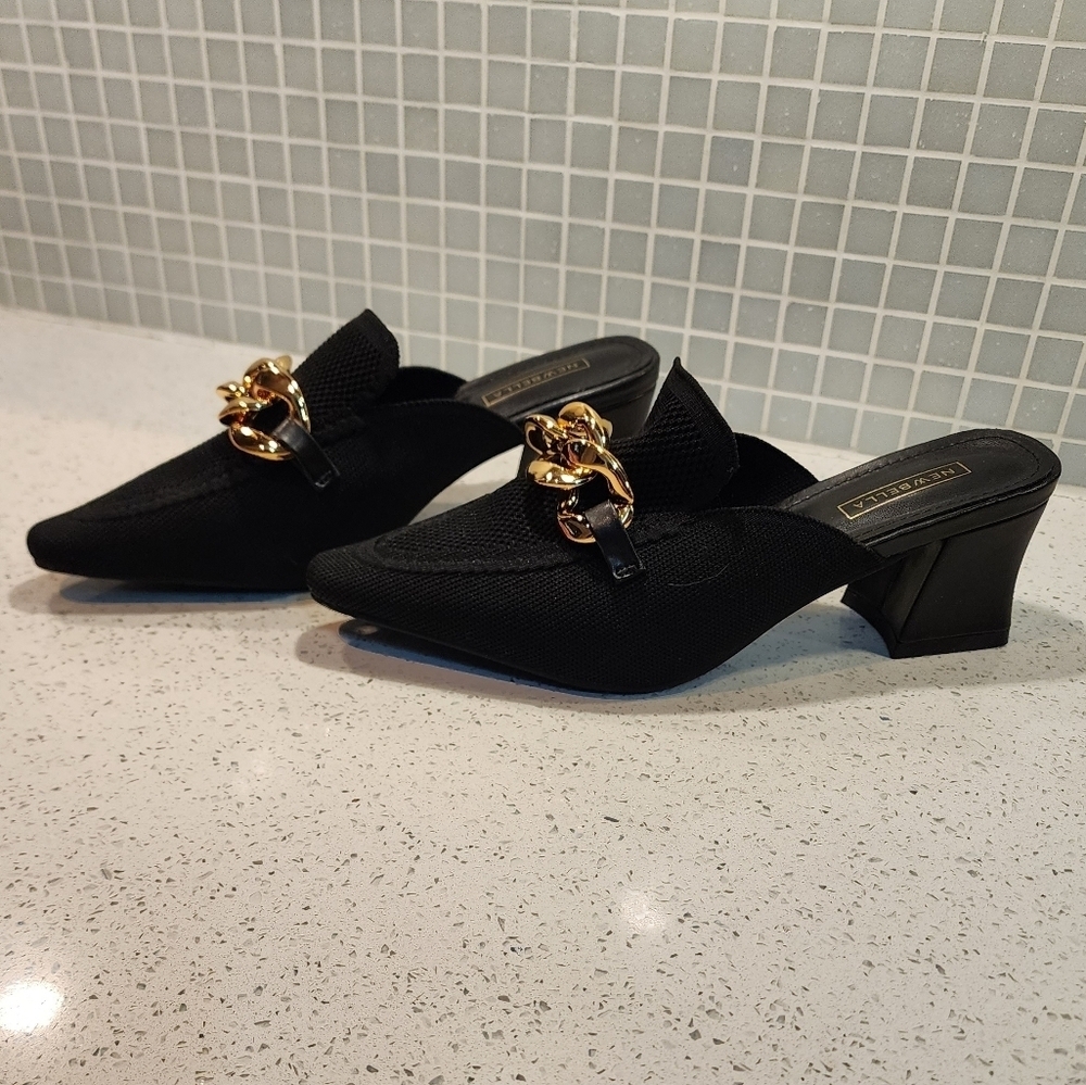 Newbella Black Pointed Slip-On Mules with Gold Chain Accent - Picture 10 of 14